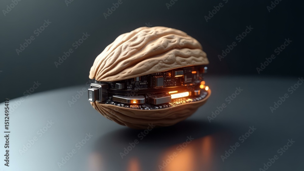 Poster futuristic nut with embedded circuits — perfect for sci-fi visuals, creative ads and conceptual mock