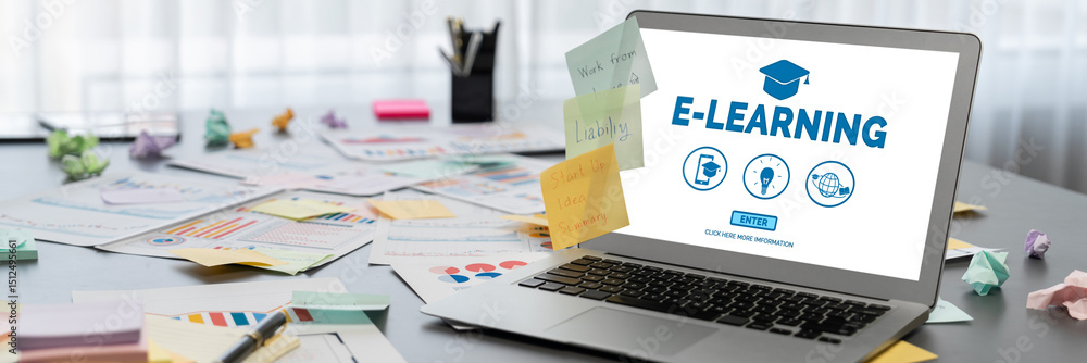 Poster sticky note for creative and analytic brainstorm for business idea with bi data dashboard on laptop 