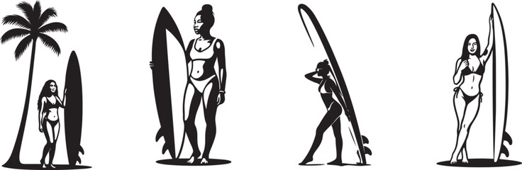 Surfer women silhouettes enjoying beach scene, Female surfers black and white beach illustration