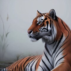Realistic portrait of a majestic tiger resting with intense gaze in a misty environment