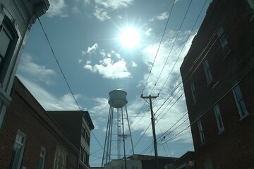 Small town water tower on a sunny day