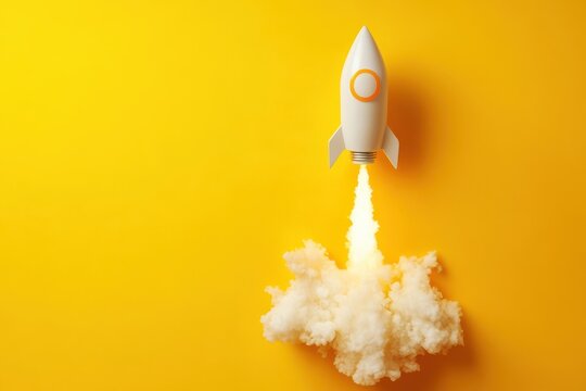 Light bulb launches like a rocket against a vibrant yellow backdrop, symbolizing innovation and creativity in a unique and playful manner
