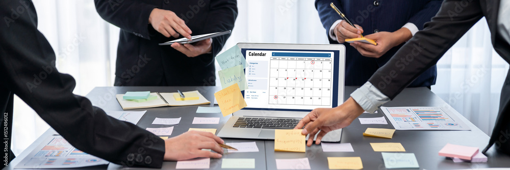 Poster analyst team use sticky note for creative and analytic brainstorm for business idea with bi data das
