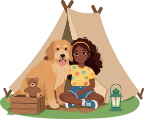 Naklejka premium Girl Sitting Outside Tent Camping with Large Dog and Teddy Bear Relaxing Outdoors 