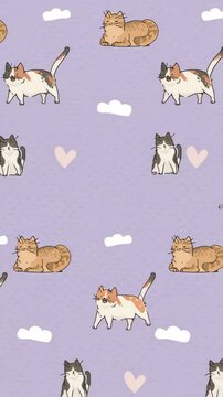 Playful cats and clouds pattern on a purple background, captured from a top-down angle, ideal for a whimsical video backdrop. Live mobile wallpaper.
