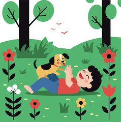 Naklejka premium Child playing with small dog on green grass meadow with trees and flowers vector illustration 