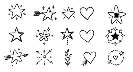 Cute line sketch star, arrow, heart decoration element icon set. Hand drawn sketch doodle cute star, emphasis, flower element. Pen line text decoration shape icon. Hand drawn vector illustration in bl