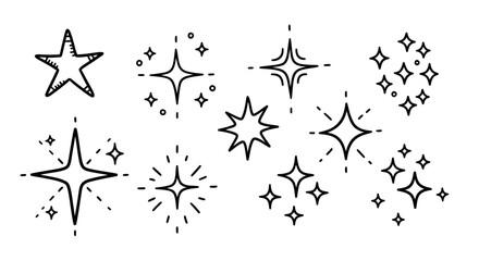 Twinkle star vector spark element icon. Star twinkle glitter spark hand drawn shine icon set. Hand drawn sketch doodle style. Magic light decoration background vector in black and white
