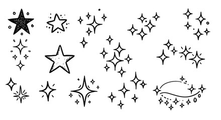 Twinkle star vector spark element icon. Star twinkle glitter spark hand drawn shine icon set. Hand drawn sketch doodle style. Magic light decoration background vector in black and white
