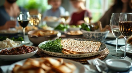 Jewish Passover celebration with family gathered at the dining table, typical dishes such as matzah and maror neatly served, Ai generated images
