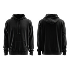 Black hoodie, front and back views.  Detailed, blank design