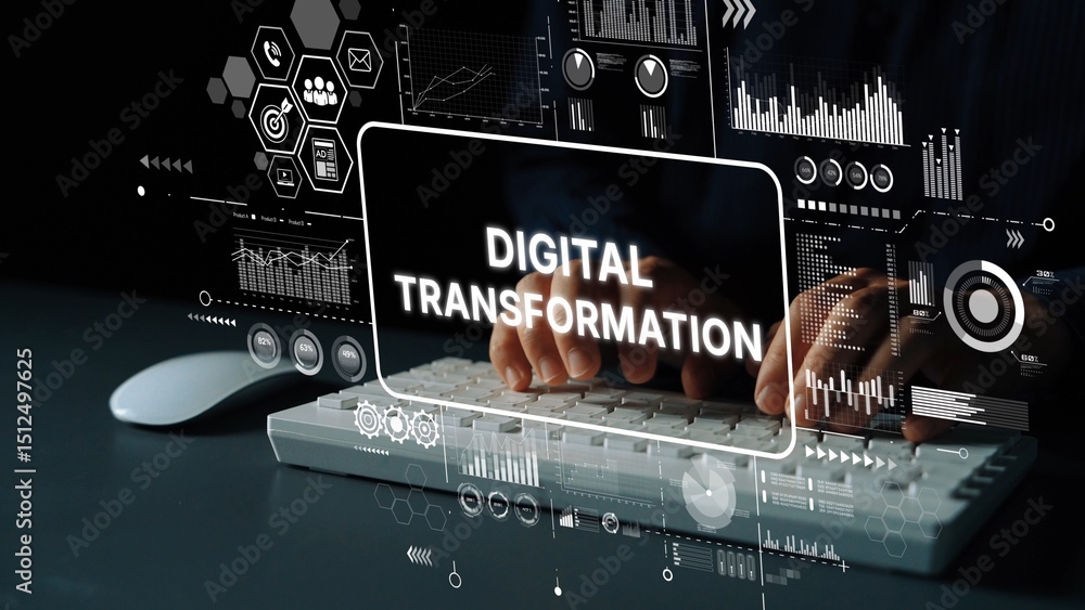  hands typing on keyboard with digital transformation graphics and data analytics background for tech
