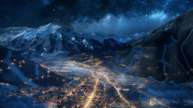 A breathtaking night scene features a town nestled among snow-covered mountains, aglow with lights beneath a starry sky. The tranquil setting captures the serene beauty of winter.