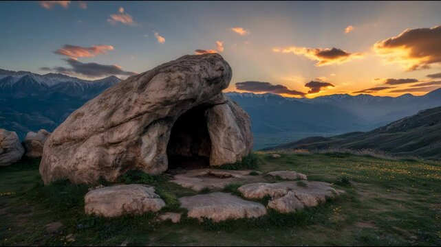 Soft rays of sunlight spill over the horizon as morning arrives, casting a golden glow on an empty tomb. The rolling stone rests nearby, untouched by time in a tranquil natural landscape.