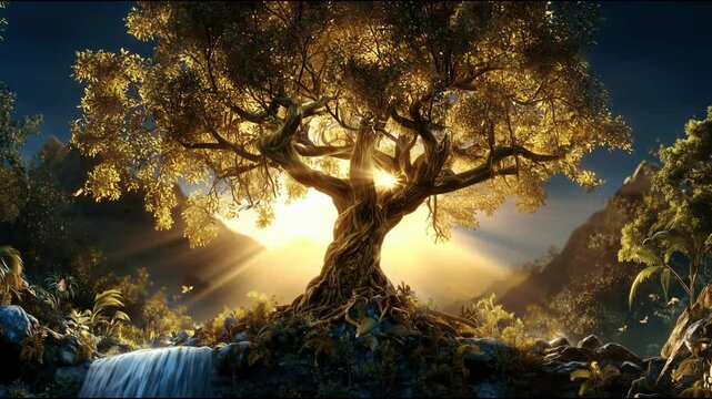 A radiant tree stands at the center of a lush landscape, surrounded by waterfalls and glowing light, symbolizing the promise of eternal life and divine connection in Christian belief.