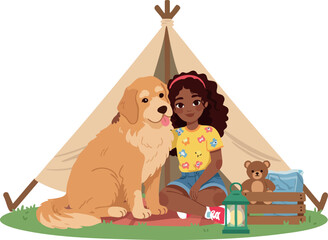 Fototapeta premium Girl Sitting with Golden Retriever Dog Outside Tent Camping Scene Vector Illustration 