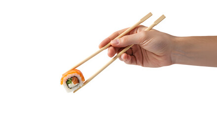 Hand holding chopsticks isolated on PNG background.