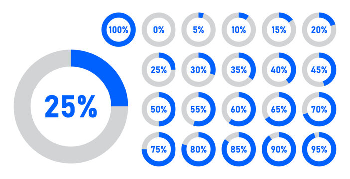 Infographic circle with percentage 0 to 100 loading progress interface in blue color vector design. 5 10 15 20 25 30 35 40 45 50 55 60 65 70 75 80 85 90 95 percent loading circle collection.