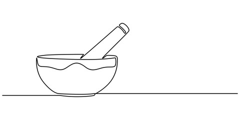 Singing bowl icon continuous one line drawing, Tibetan singing bowl with a wooden resonant stick, Continuous Line Drawing of Herbal Medicine Icon. Hand Drawn Symbol Vector Illustration, singing bowl .