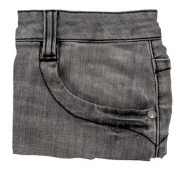 Piece of black torn denim on a white background. Denim texture