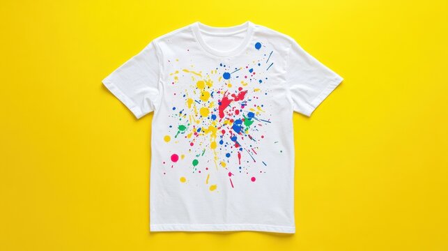 White t-shirt with colorful paint splatters lying flat on a yellow background, creating a vibrant and artistic fashion statement