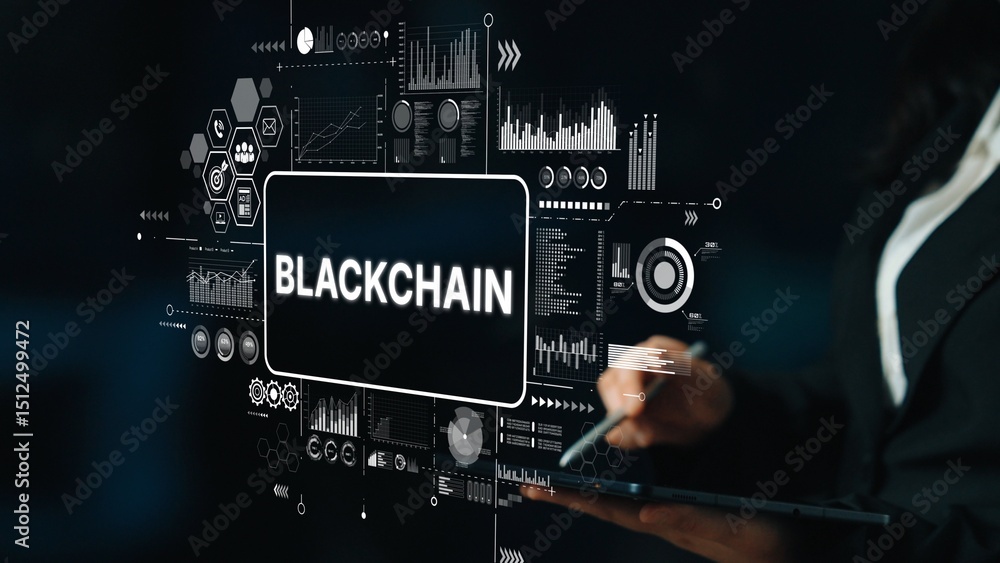 Poster professional woman analyzing data visualizations on blockchain technology in dark environment. asymp