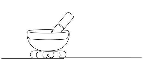 Singing bowl icon continuous one line drawing, Tibetan singing bowl with a wooden resonant stick, Continuous Line Drawing of Herbal Medicine Icon. Hand Drawn Symbol Vector Illustration, singing bowl .