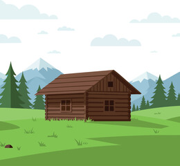 Obraz premium Wooden cabin house in green mountain landscape with pine trees and cloudy sky vector illustration 