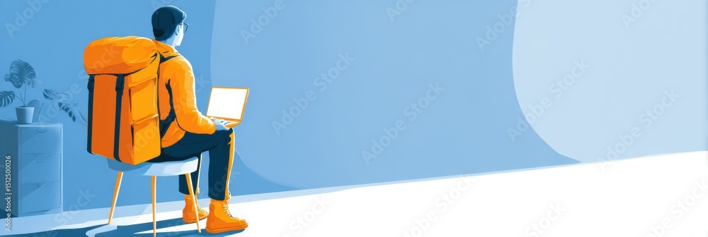 Poster Modern Work-From-Anywhere Concept With Backpack and Laptop Highlighting Flexibility and Mobility in a Serene Environment