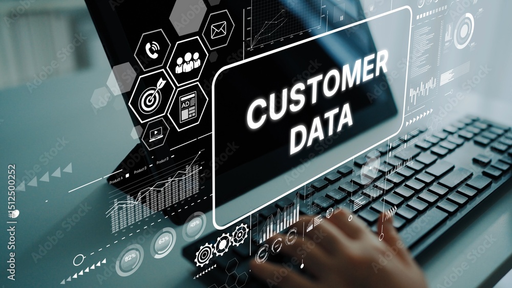 Poster digital interface showing customer data analysis on modern computer screen in business environment. 