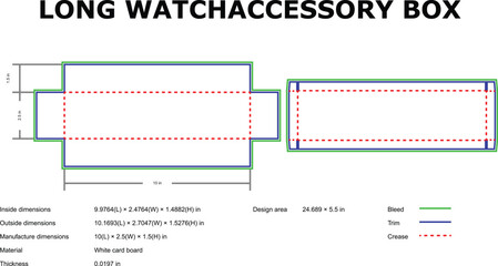 Long watch accessory box packaging design template die-cut dimensions