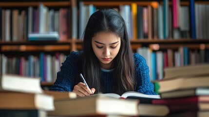 A student surrounded by books, deep in concentration while writing notes.
