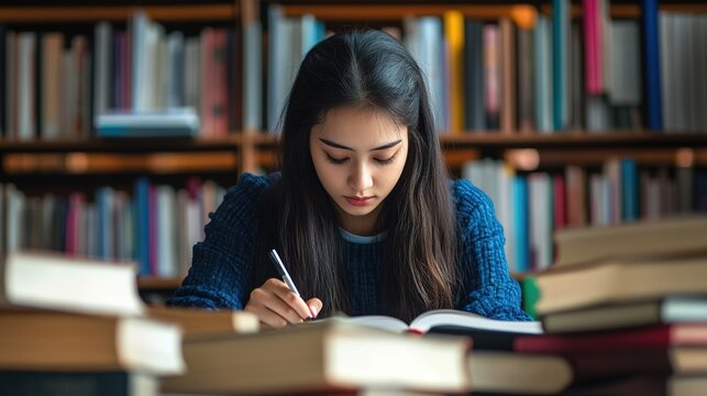 A student surrounded by books, deep in concentration while writing notes.