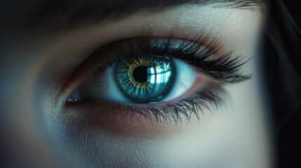 Futuristic biometric scanning and digital identity security with holographic technology in a close-up of a human eye and facial recognition software