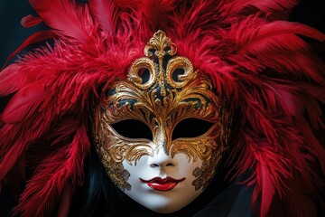 Ornate Venetian carnival masquerade mask adorned with vivid red feathers and intricate gold detailing perfect for festive celebrations