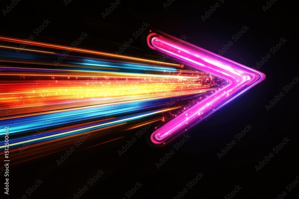 Poster colorful glowing arrow composed of vibrant light beams pointing to the right in a dark environment s