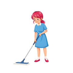  Vector illustration of happy woman mopping floor with white transparent background