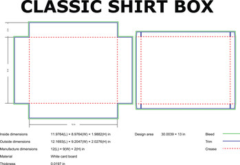 Classic shirt box packaging template die-cut design dimensions