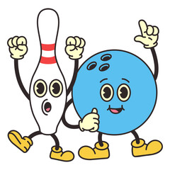 Bowling retro cartoon ball and pin