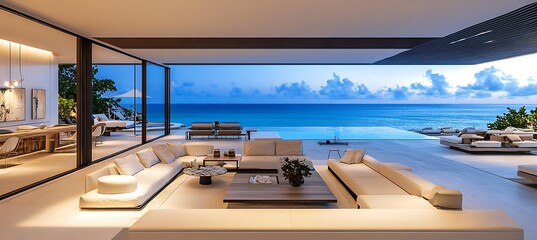 Fototapeta premium A modern coastal villa with an open-concept living area, large windows, and beach-inspired decor