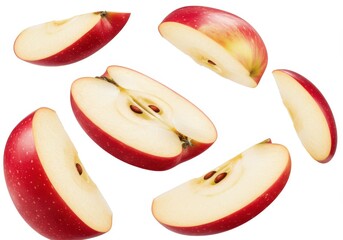Red apple slices falling on white background