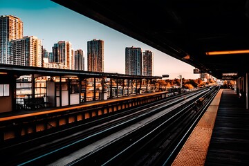 Fototapeta premium Urban train station with city backdrop