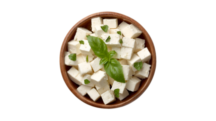 Feta cheese cubes in wooden bowl with basil