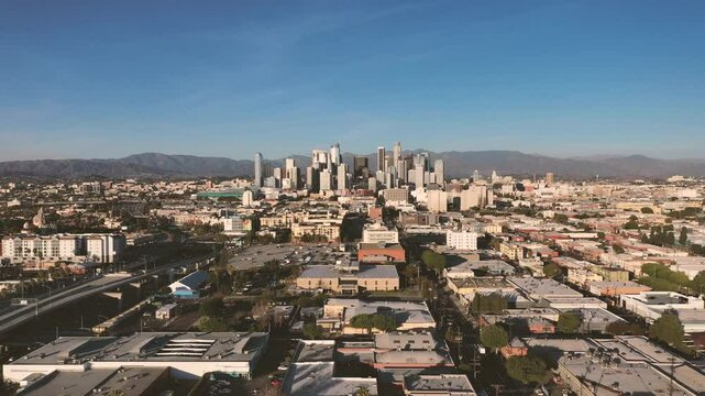 4K drone Video of downtown Los Angeles during sunset as a stablishing shot 4K