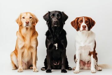 Three dogs of different colors sit together in a studio setting, showcasing their unique features and friendly demeanor