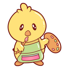 Cute canary with paintbrush and watercolors   