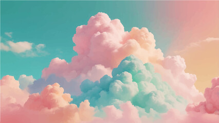 abstract Vector illustration of fluffy clouds in a clear sky. The clouds have a soft gradient of pastel colors like pink, peach, and blue. The sky is a thick turquoise blue. 