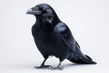 A Regal Black Raven Perched Elegantly on a Plain Background, Showcasing Its Glossy Feathers and Intelligent Expression