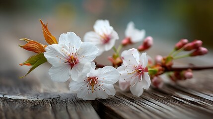 cherry blossoms, spring blooms, white petals, branches, wooden deck, bokeh, soft focus, natural lighting