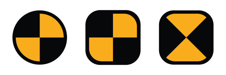 Crash test sign symbol collection on white background. crash test dummy symbol black and yellow checkered warning sign automotive safety icon isolated on white background.
